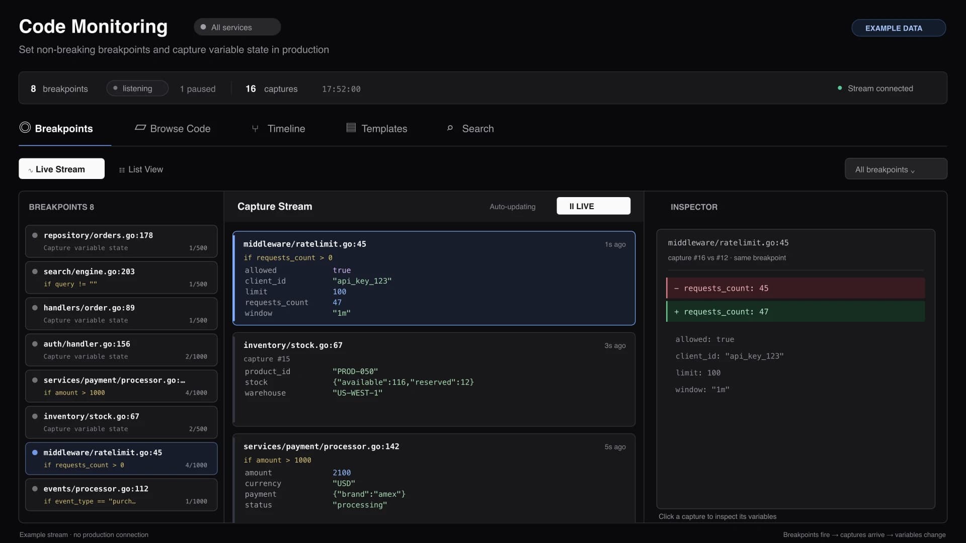 Tracekit Code Monitoring demo showing breakpoints, incoming captures, and variable differences.