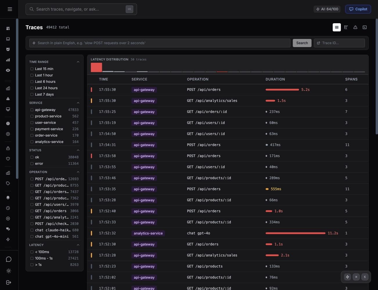 Tracekit traces explorer showing latency distribution, service filters, and slow requests across production services.