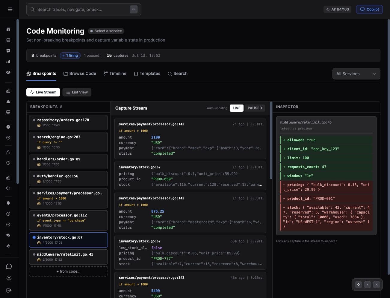 Tracekit code monitoring showing active breakpoints, live runtime captures, and an inspector comparing variable state.