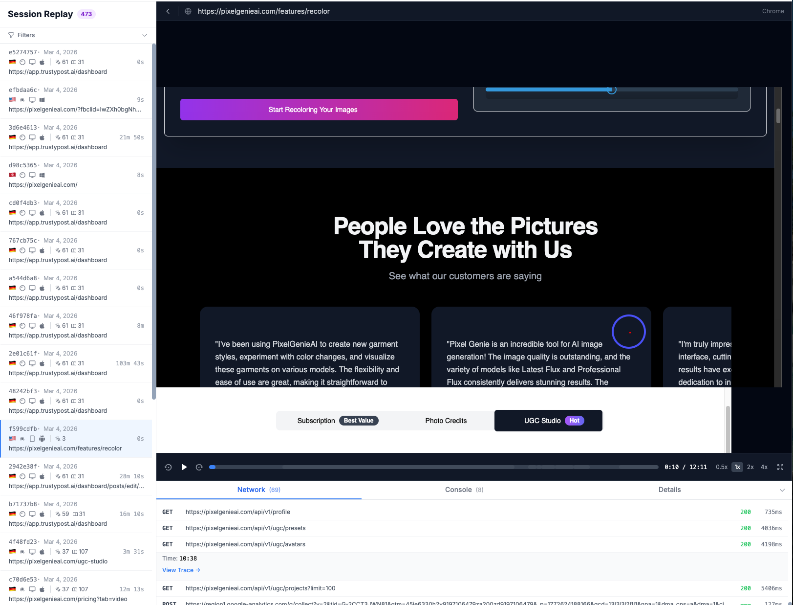Session replay with pixel-perfect recording