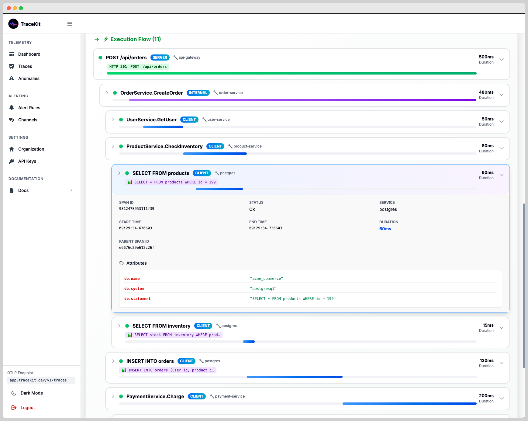 Complete trace details with full context