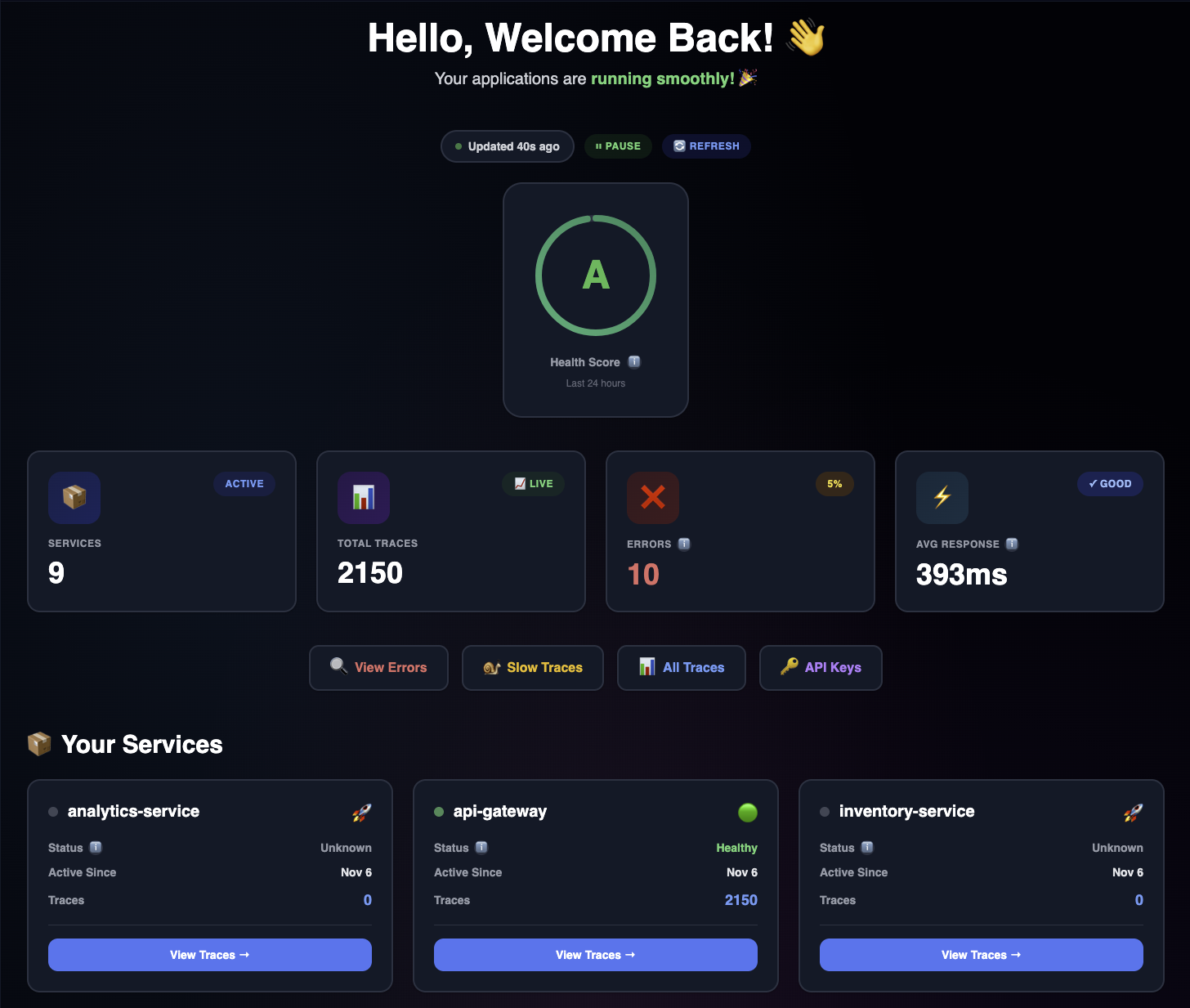 TraceKit Dashboard - Real-time distributed tracing