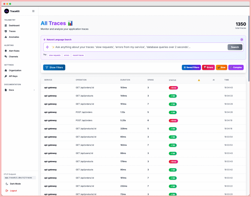 Observability definition illustrated with distributed tracing dashboard showing system telemetry